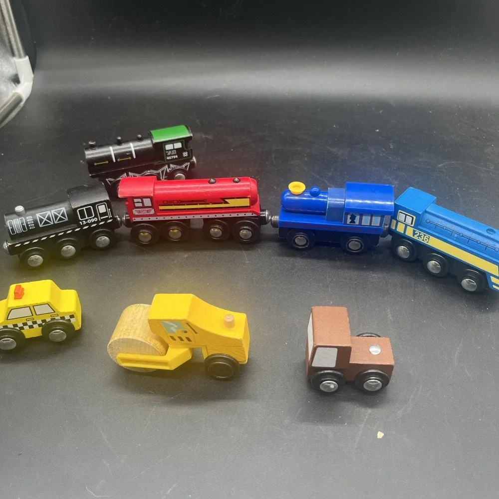 Mixed Wooden Train Lot 8pc Imaginarium Maxim Toys R Us Steam Roller Taxi